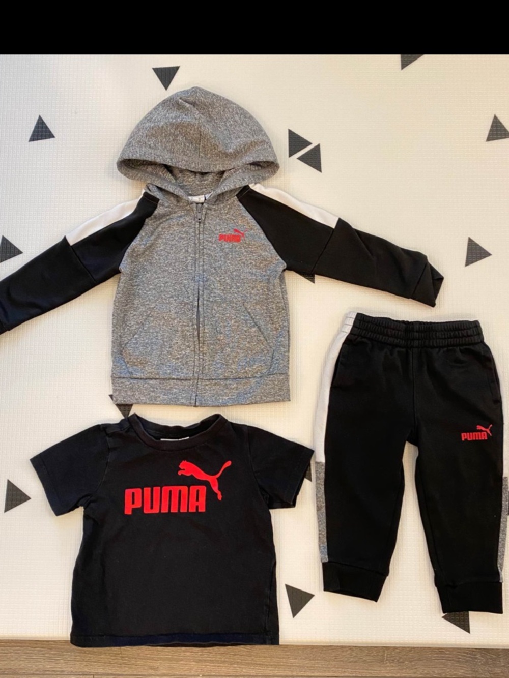 Puma Gray & Black Kids 3-Piece Hoodie, Tee and Joggers with Red Logo